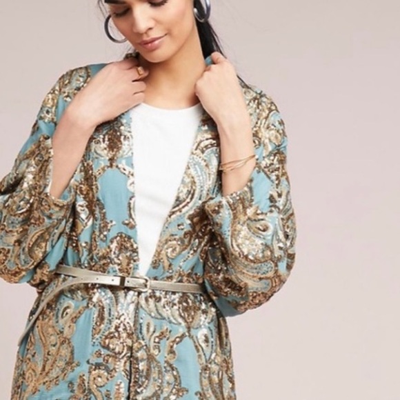 💛All that glitters …is gold … Anthro gold sequin kimono. Sz.MLNWT 🎄HolidayReady! - Picture 3 of 16